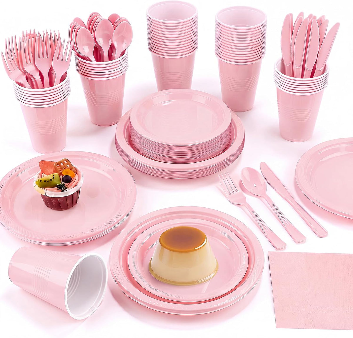 400 Pieces Pink Party Supplies Disposable Dinnerware Set Include Plastic Plates Cups Knives Forks Spoons Paper Napkins for Birthday Wedding Graduation Parties, Serve 50 Guests