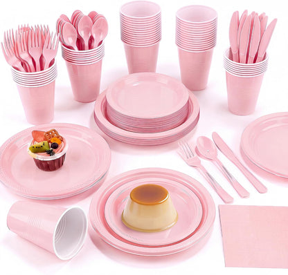 400 Pieces Pink Party Supplies Disposable Dinnerware Set Include Plastic Plates Cups Knives Forks Spoons Paper Napkins for Birthday Wedding Graduation Parties, Serve 50 Guests
