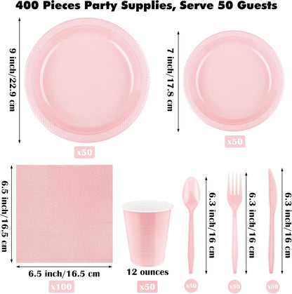 400 Pieces Pink Party Supplies Disposable Dinnerware Set Include Plastic Plates Cups Knives Forks Spoons Paper Napkins for Birthday Wedding Graduation Parties, Serve 50 Guests