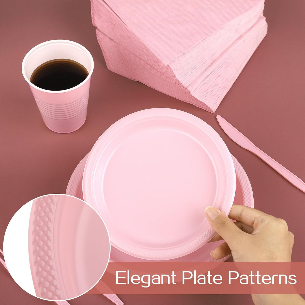 400 Pieces Pink Party Supplies Disposable Dinnerware Set Include Plastic Plates Cups Knives Forks Spoons Paper Napkins for Birthday Wedding Graduation Parties, Serve 50 Guests