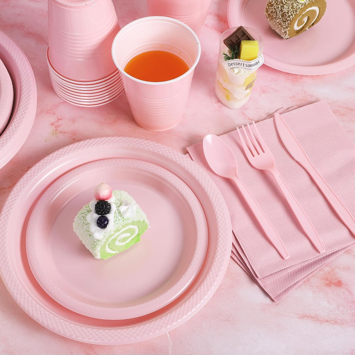 400 Pieces Pink Party Supplies Disposable Dinnerware Set Include Plastic Plates Cups Knives Forks Spoons Paper Napkins for Birthday Wedding Graduation Parties, Serve 50 Guests