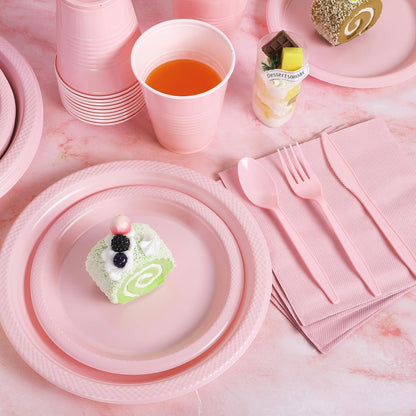 400 Pieces Pink Party Supplies Disposable Dinnerware Set Include Plastic Plates Cups Knives Forks Spoons Paper Napkins for Birthday Wedding Graduation Parties, Serve 50 Guests
