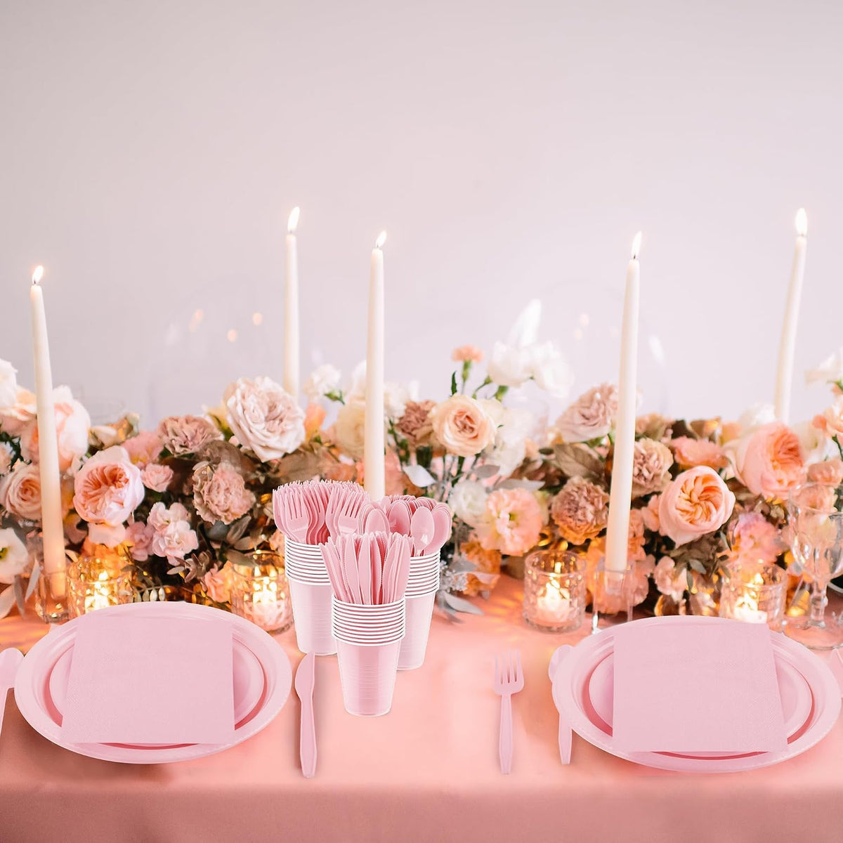 400 Pieces Pink Party Supplies Disposable Dinnerware Set Include Plastic Plates Cups Knives Forks Spoons Paper Napkins for Birthday Wedding Graduation Parties, Serve 50 Guests