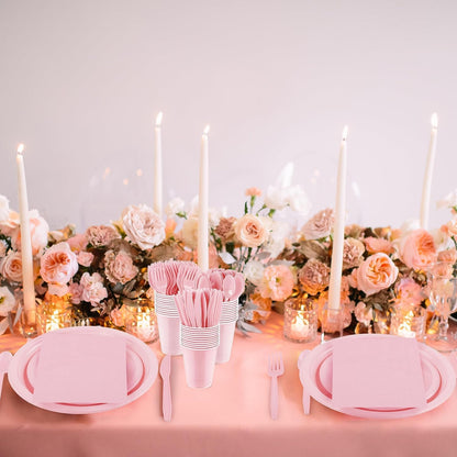 400 Pieces Pink Party Supplies Disposable Dinnerware Set Include Plastic Plates Cups Knives Forks Spoons Paper Napkins for Birthday Wedding Graduation Parties, Serve 50 Guests