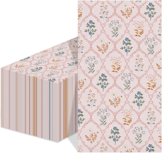 80 Pcs Floral Guest Napkins Vintage Pink Paper Napkins Spring Decorative Disposable Paper Hand Towels for Gift Party Supplies Dinner Table Decor，4.3"*7.8"