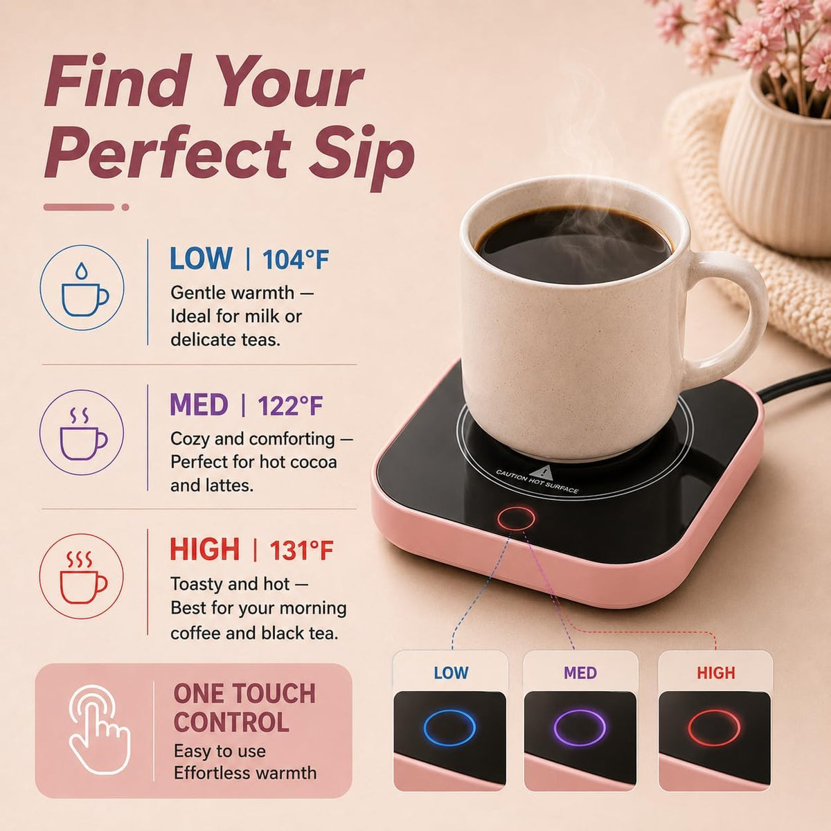 Coffee Mug Warmer for Desk, 3 Heat Settings, Auto Shut-Off