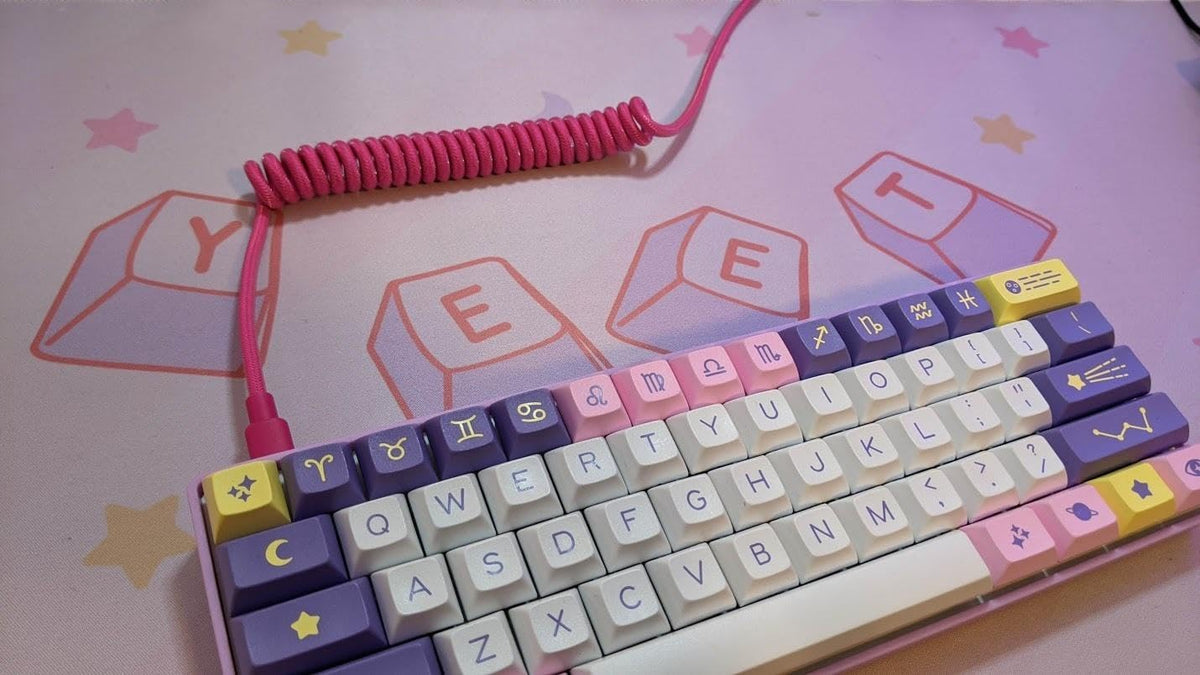 Coiled & Double-Sleeved Mechanical Keyboard Cable, for Type-C Mechanical Keyboards (Pink)