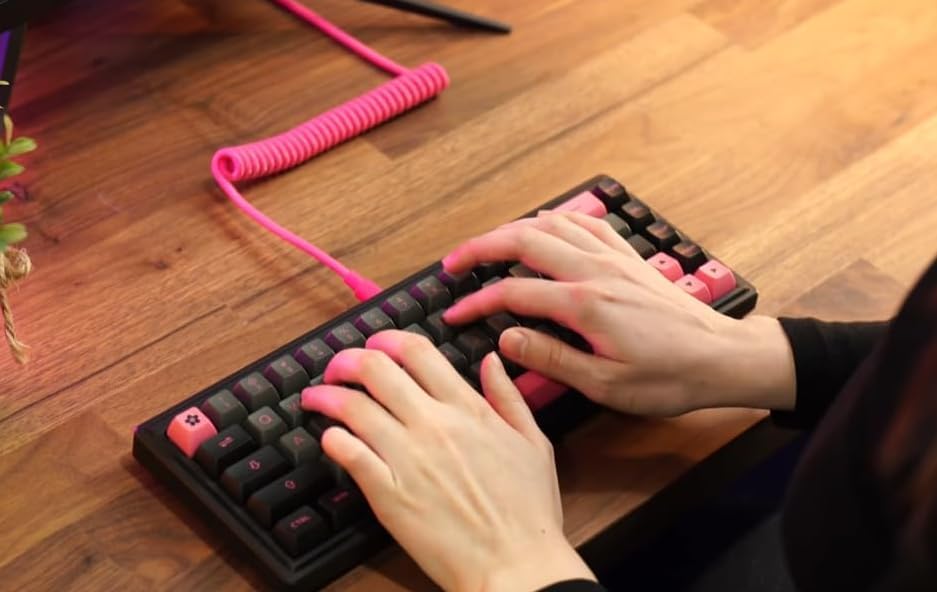 Coiled & Double-Sleeved Mechanical Keyboard Cable, for Type-C Mechanical Keyboards (Pink)