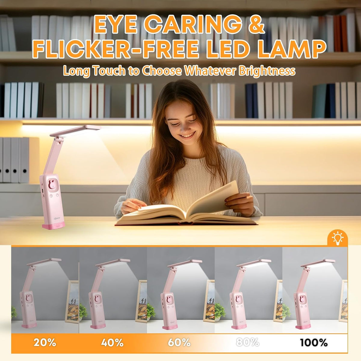 Cute Bunny Desk Lamp, Foldable LED Rechargeable Table Light, Eye-Caring Reading Lamp, 3 Color Modes & Dimmable, for Kids Girls Bedroom Study Dorm Room(Pink)