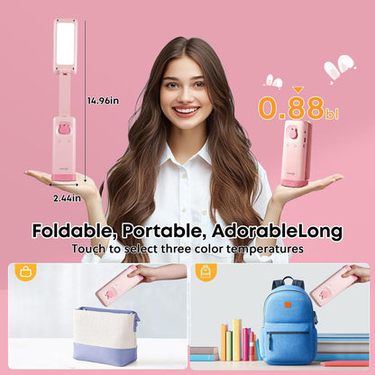Cute Bunny Desk Lamp, Foldable LED Rechargeable Table Light, Eye-Caring Reading Lamp, 3 Color Modes & Dimmable, for Kids Girls Bedroom Study Dorm Room(Pink)