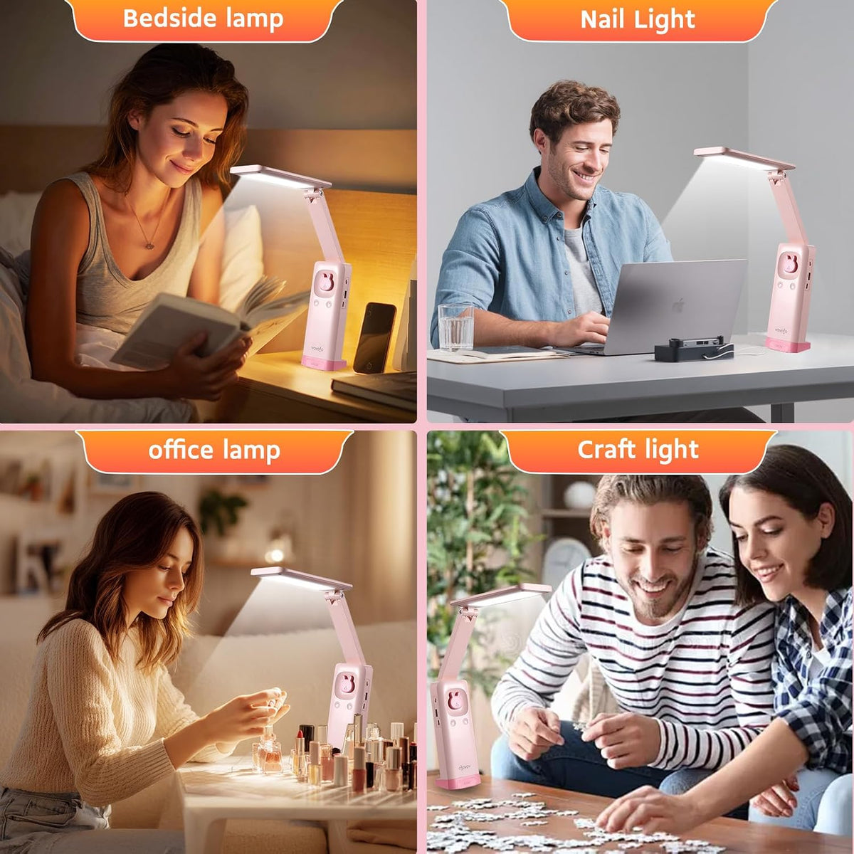 Cute Bunny Desk Lamp, Foldable LED Rechargeable Table Light, Eye-Caring Reading Lamp, 3 Color Modes & Dimmable, for Kids Girls Bedroom Study Dorm Room(Pink)