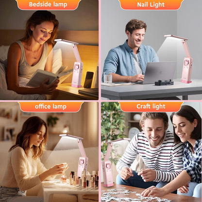 Cute Bunny Desk Lamp, Foldable LED Rechargeable Table Light, Eye-Caring Reading Lamp, 3 Color Modes & Dimmable, for Kids Girls Bedroom Study Dorm Room(Pink)