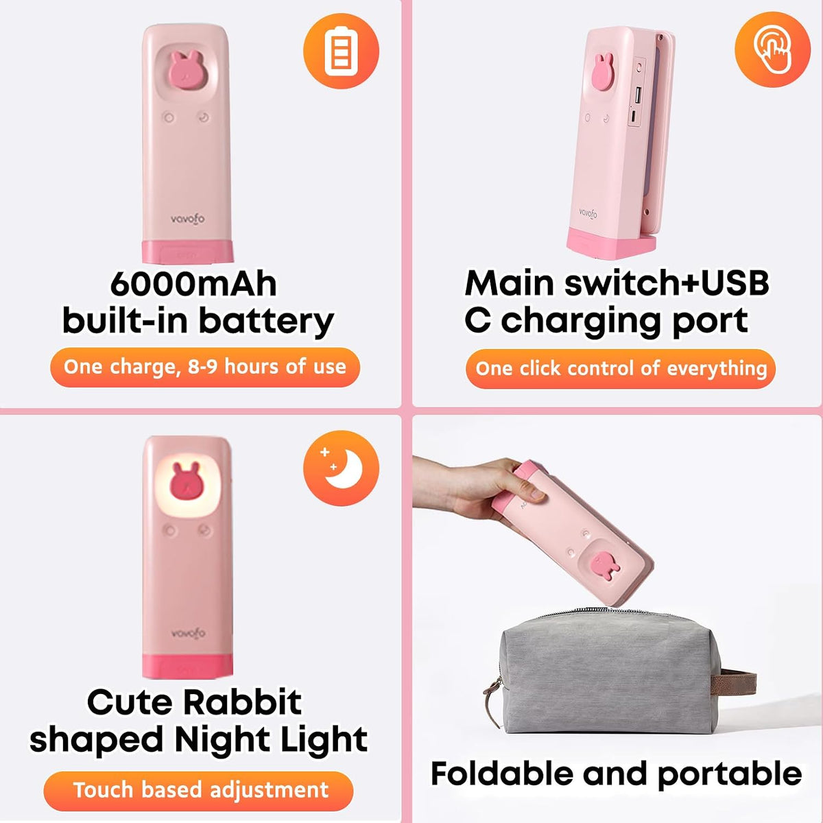 Cute Bunny Desk Lamp, Foldable LED Rechargeable Table Light, Eye-Caring Reading Lamp, 3 Color Modes & Dimmable, for Kids Girls Bedroom Study Dorm Room(Pink)