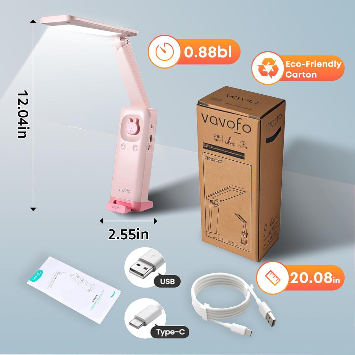 Cute Bunny Desk Lamp, Foldable LED Rechargeable Table Light, Eye-Caring Reading Lamp, 3 Color Modes & Dimmable, for Kids Girls Bedroom Study Dorm Room(Pink)
