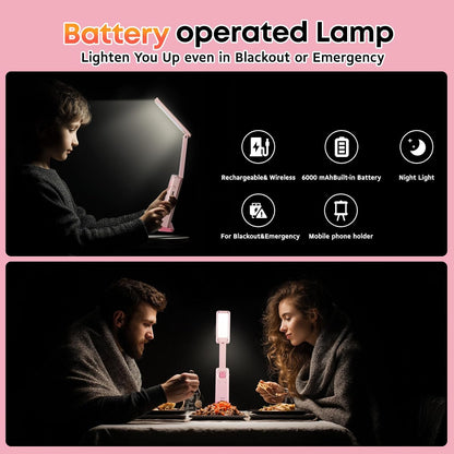 Cute Bunny Desk Lamp, Foldable LED Rechargeable Table Light, Eye-Caring Reading Lamp, 3 Color Modes & Dimmable, for Kids Girls Bedroom Study Dorm Room(Pink)