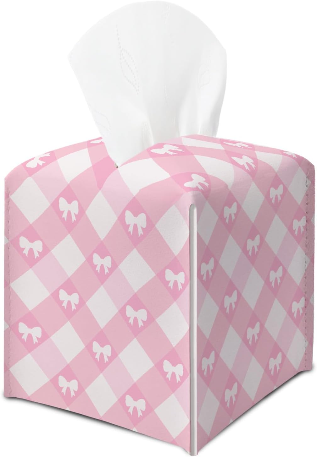 Pink Gingham Bow Tissue Box Cover, Square Tissue Box Cover Leather Tissues Holder, Facial Paper Organizer Dispenser for Home Bathroom Office Bedroom Tabletop Decor -20