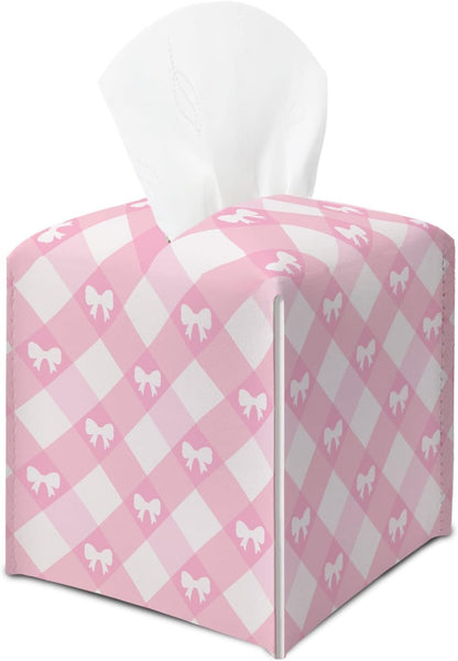 Pink Gingham Bow Tissue Box Cover, Square Tissue Box Cover Leather Tissues Holder, Facial Paper Organizer Dispenser for Home Bathroom Office Bedroom Tabletop Decor -20