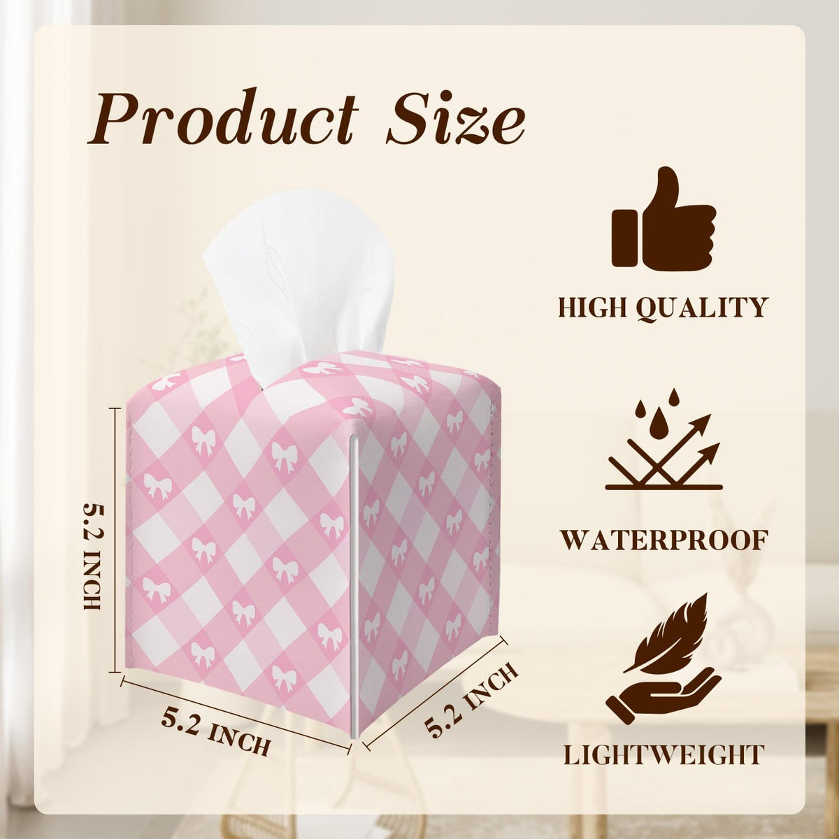Pink Gingham Bow Tissue Box Cover, Square Tissue Box Cover Leather Tissues Holder, Facial Paper Organizer Dispenser for Home Bathroom Office Bedroom Tabletop Decor -20