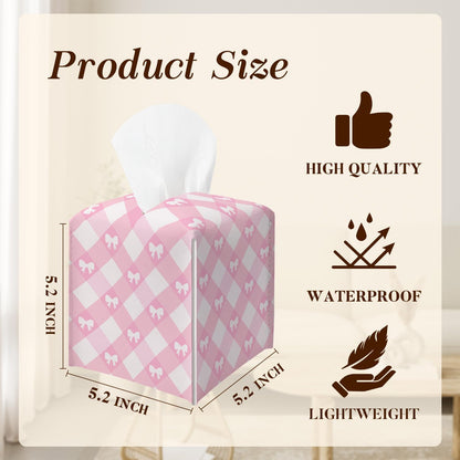 Pink Gingham Bow Tissue Box Cover, Square Tissue Box Cover Leather Tissues Holder, Facial Paper Organizer Dispenser for Home Bathroom Office Bedroom Tabletop Decor -20