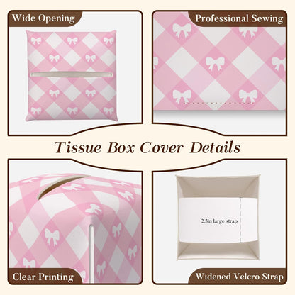 Pink Gingham Bow Tissue Box Cover, Square Tissue Box Cover Leather Tissues Holder, Facial Paper Organizer Dispenser for Home Bathroom Office Bedroom Tabletop Decor -20