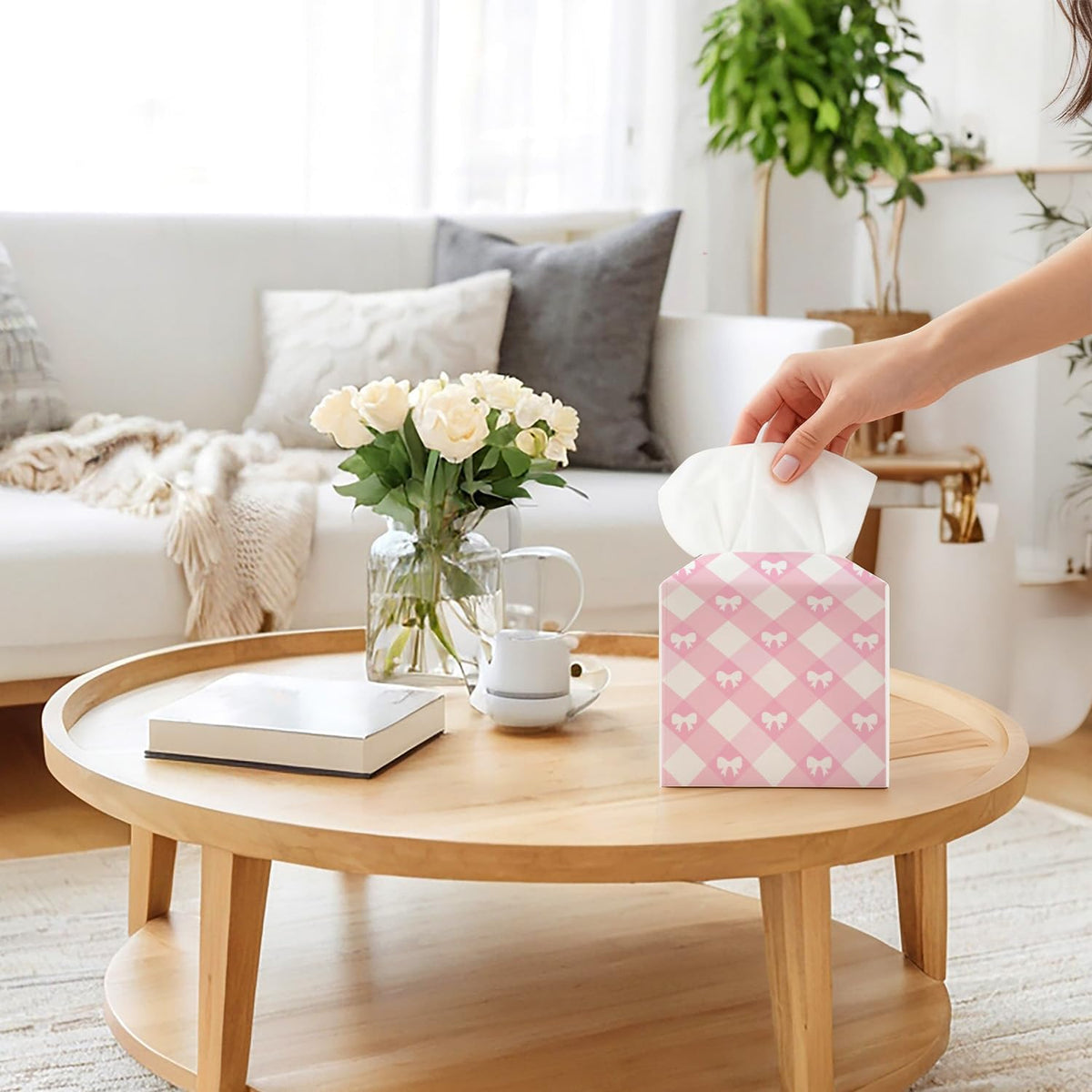 Pink Gingham Bow Tissue Box Cover, Square Tissue Box Cover Leather Tissues Holder, Facial Paper Organizer Dispenser for Home Bathroom Office Bedroom Tabletop Decor -20