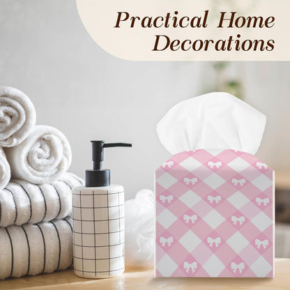 Pink Gingham Bow Tissue Box Cover, Square Tissue Box Cover Leather Tissues Holder, Facial Paper Organizer Dispenser for Home Bathroom Office Bedroom Tabletop Decor -20