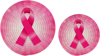 2 PCS Pink Breast Cancer Ribbon Round Woven Pot Holders Trivets Set, Pure Cotton Coasters Placemats for Cooking Baking Hot Dish Pan Pot Bowl Teapot