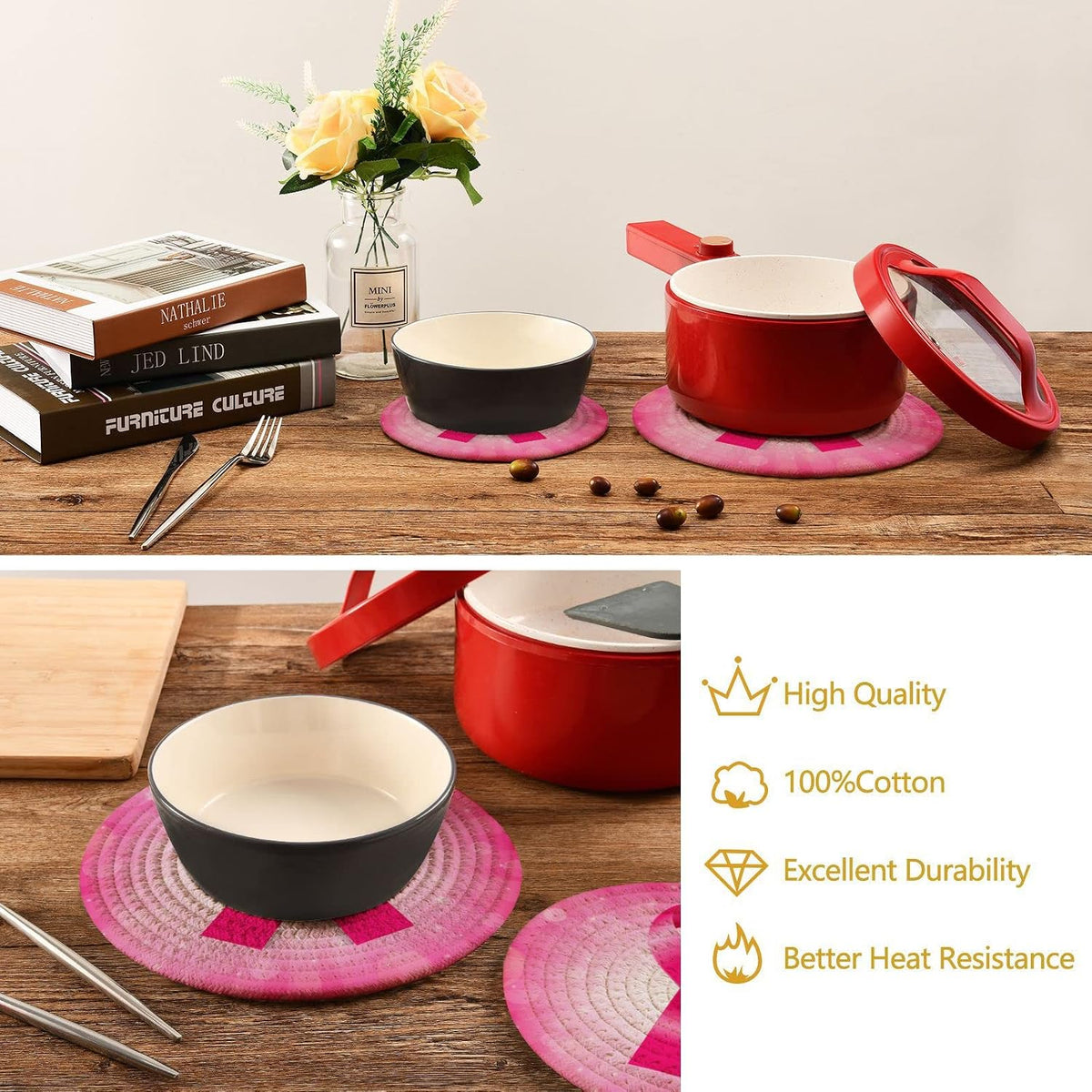 2 PCS Pink Breast Cancer Ribbon Round Woven Pot Holders Trivets Set, Pure Cotton Coasters Placemats for Cooking Baking Hot Dish Pan Pot Bowl Teapot