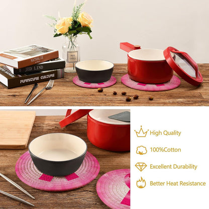 2 PCS Pink Breast Cancer Ribbon Round Woven Pot Holders Trivets Set, Pure Cotton Coasters Placemats for Cooking Baking Hot Dish Pan Pot Bowl Teapot