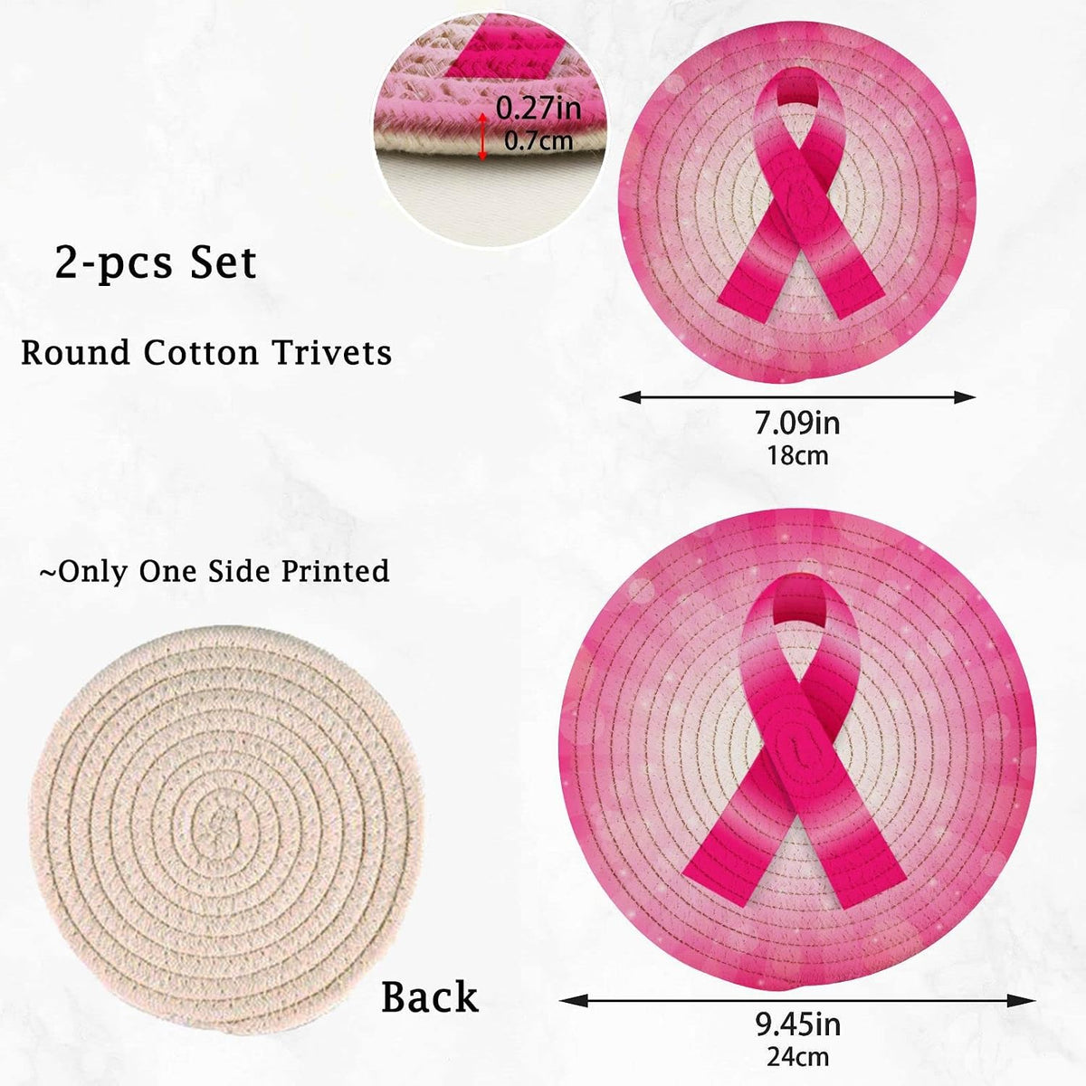 2 PCS Pink Breast Cancer Ribbon Round Woven Pot Holders Trivets Set, Pure Cotton Coasters Placemats for Cooking Baking Hot Dish Pan Pot Bowl Teapot