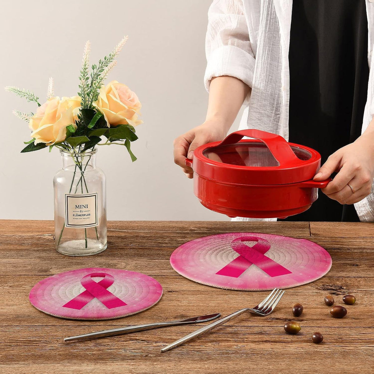2 PCS Pink Breast Cancer Ribbon Round Woven Pot Holders Trivets Set, Pure Cotton Coasters Placemats for Cooking Baking Hot Dish Pan Pot Bowl Teapot
