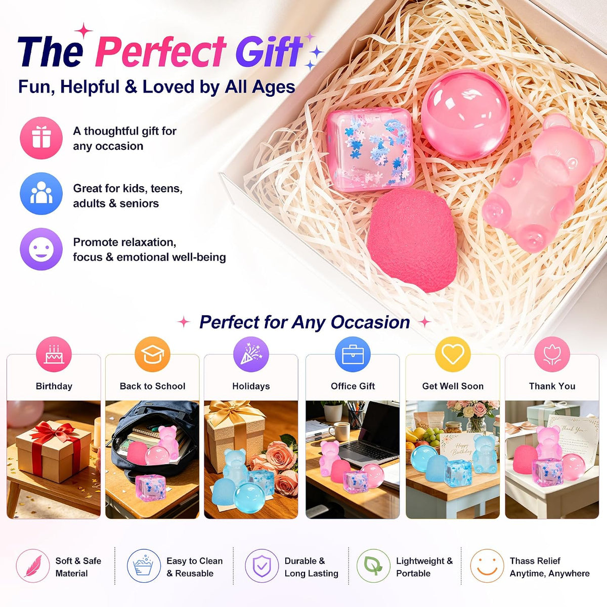 4Pcs Pink Taba Squishy Fidget Toys, Bear Cube Gummy Coconut Oil Stress Balls for Kids Adults, Squishies Cube, Sensory Toys Fidgets for Classroom Prize, Birthday Gifts Party Favors