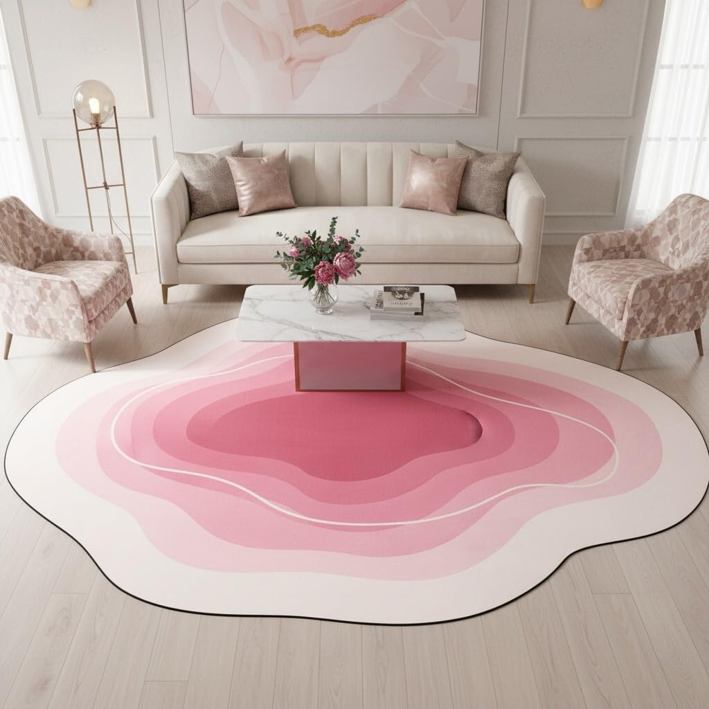 Modern Minimalist Geometric Ombre Texture Pink and Cream Rug 5x7 Thin Non Slip Irregular Shaped Area Rugs for Living Room Nursery Dorm Farmhouse Entryway Guestroom Home Office Boho Carpets