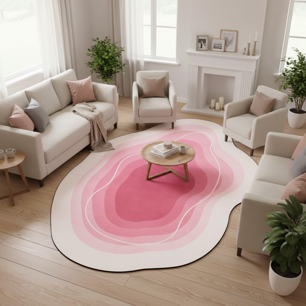 Modern Minimalist Geometric Ombre Texture Pink and Cream Rug 5x7 Thin Non Slip Irregular Shaped Area Rugs for Living Room Nursery Dorm Farmhouse Entryway Guestroom Home Office Boho Carpets