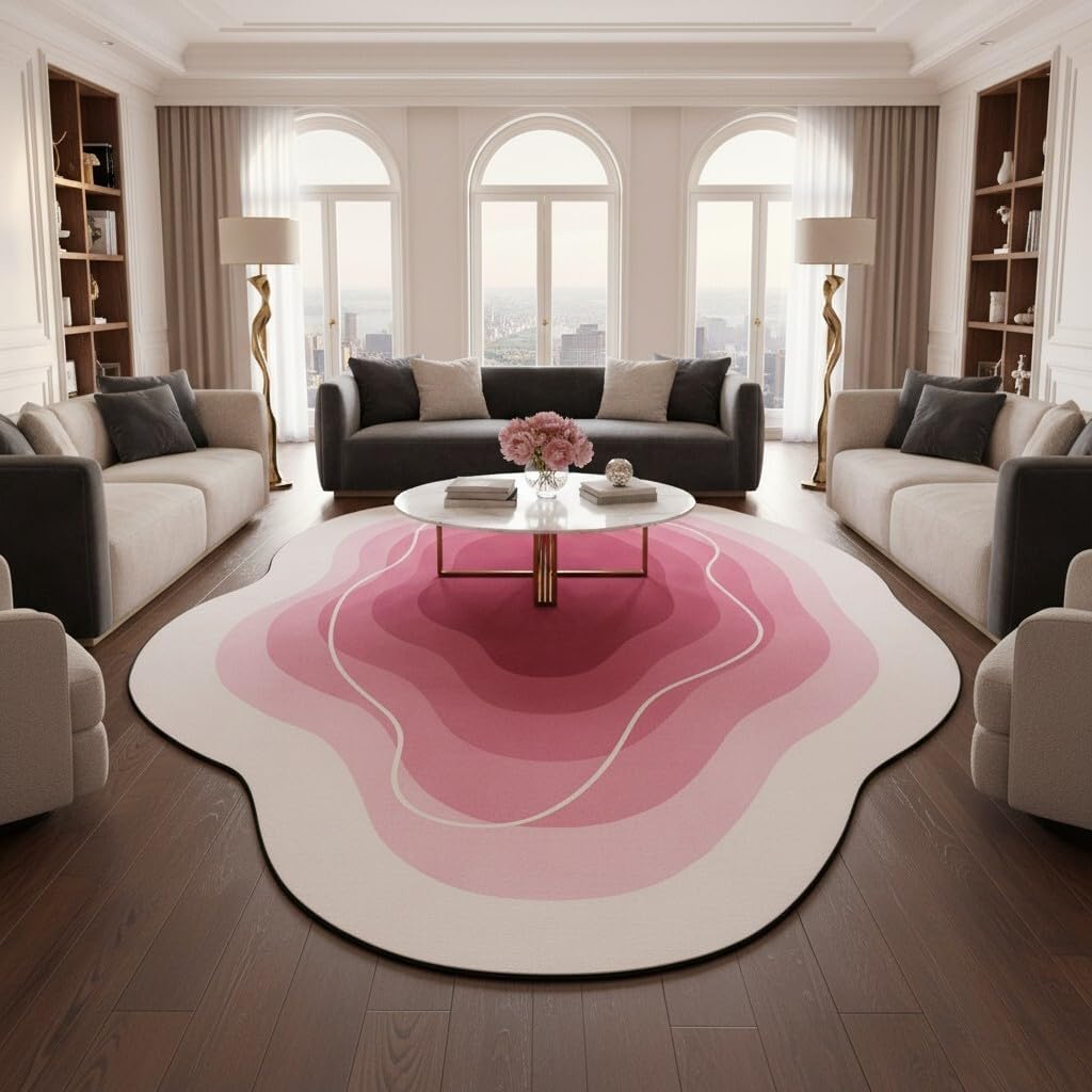 Modern Minimalist Geometric Ombre Texture Pink and Cream Rug 5x7 Thin Non Slip Irregular Shaped Area Rugs for Living Room Nursery Dorm Farmhouse Entryway Guestroom Home Office Boho Carpets