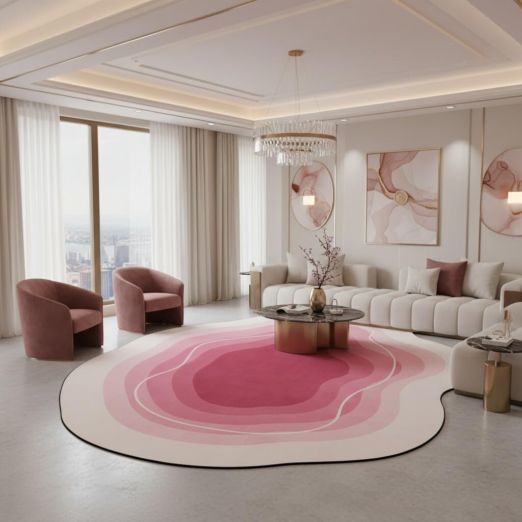 Modern Minimalist Geometric Ombre Texture Pink and Cream Rug 5x7 Thin Non Slip Irregular Shaped Area Rugs for Living Room Nursery Dorm Farmhouse Entryway Guestroom Home Office Boho Carpets