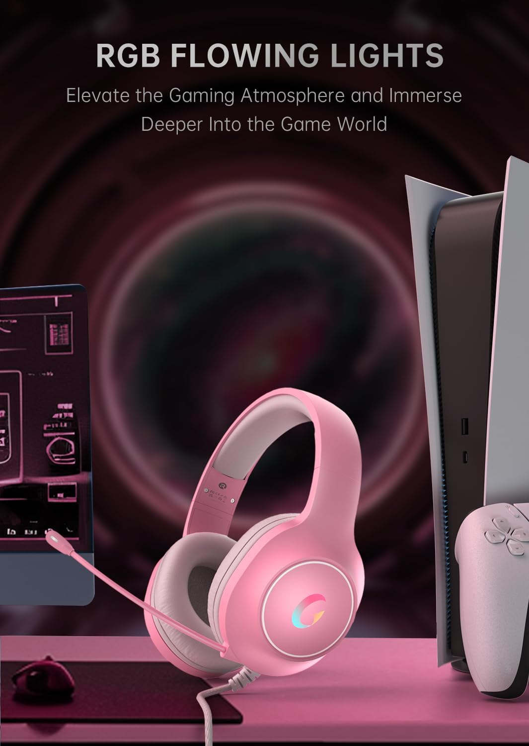 syndesmos CM7002 Gaming Headset for PS5, PS4, PC, Mac, Switch, Xbox Series, Surround Sound RGB Gaming Headphones with Noise Canceling Microphone, 50MM Dynamic Drivers, 3.5MM Audio Jack, Light Pink