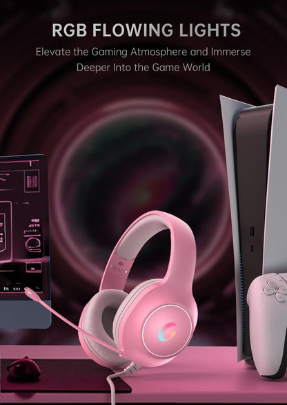 syndesmos CM7002 Gaming Headset for PS5, PS4, PC, Mac, Switch, Xbox Series, Surround Sound RGB Gaming Headphones with Noise Canceling Microphone, 50MM Dynamic Drivers, 3.5MM Audio Jack, Light Pink