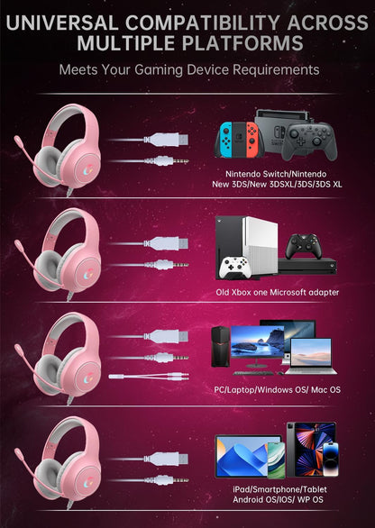 syndesmos CM7002 Gaming Headset for PS5, PS4, PC, Mac, Switch, Xbox Series, Surround Sound RGB Gaming Headphones with Noise Canceling Microphone, 50MM Dynamic Drivers, 3.5MM Audio Jack, Light Pink