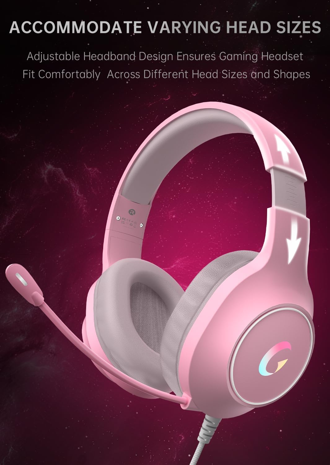 syndesmos CM7002 Gaming Headset for PS5, PS4, PC, Mac, Switch, Xbox Series, Surround Sound RGB Gaming Headphones with Noise Canceling Microphone, 50MM Dynamic Drivers, 3.5MM Audio Jack, Light Pink