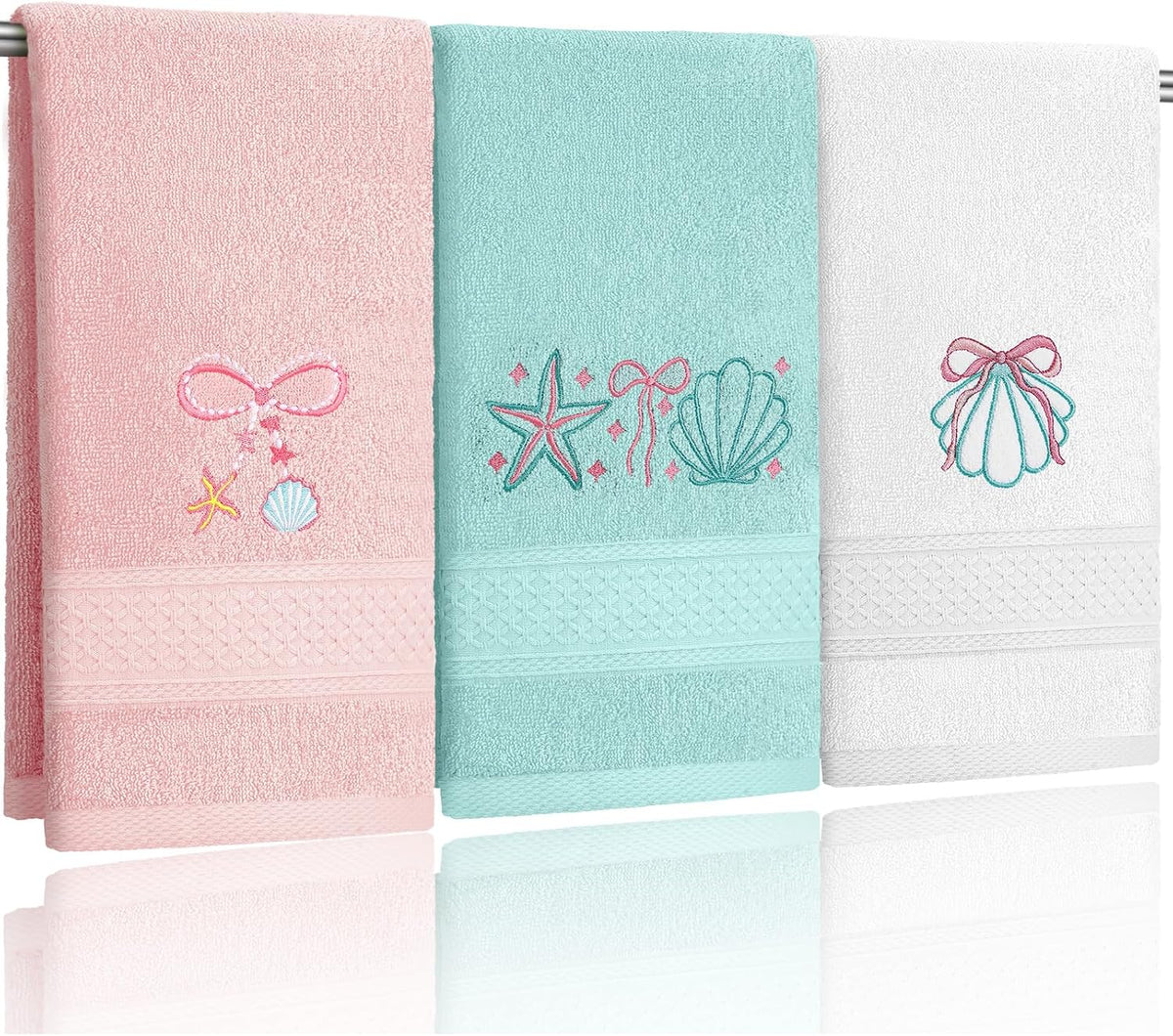 3 Pack Seashell Bow Coastal Hand Towels for Bathroom 100% Cotton Embroidered Beach Bathroom Towels 13.78 x 29.53 Inch Soft Absorbent, Green Pink White