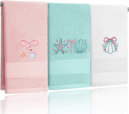3 Pack Seashell Bow Coastal Hand Towels for Bathroom 100% Cotton Embroidered Beach Bathroom Towels 13.78 x 29.53 Inch Soft Absorbent, Green Pink White