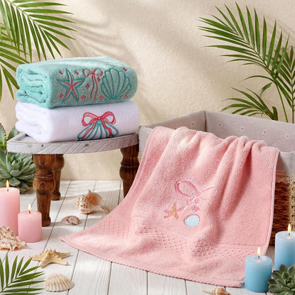 3 Pack Seashell Bow Coastal Hand Towels for Bathroom 100% Cotton Embroidered Beach Bathroom Towels 13.78 x 29.53 Inch Soft Absorbent, Green Pink White