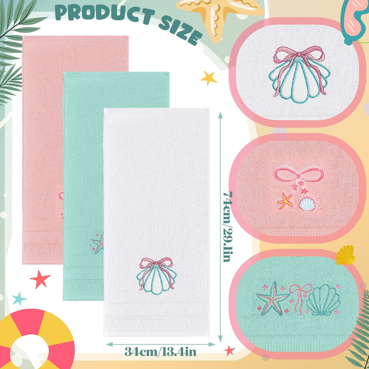 3 Pack Seashell Bow Coastal Hand Towels for Bathroom 100% Cotton Embroidered Beach Bathroom Towels 13.78 x 29.53 Inch Soft Absorbent, Green Pink White
