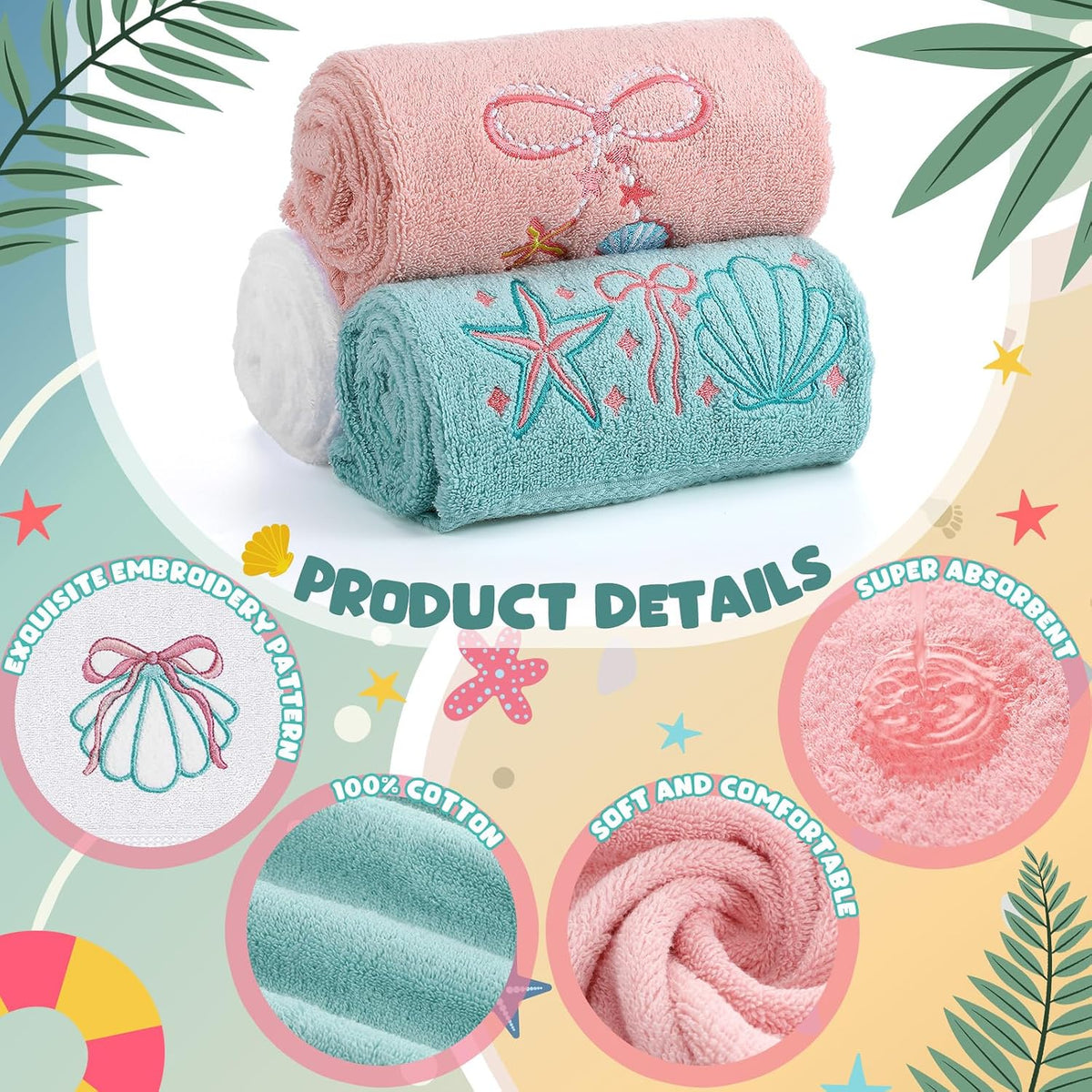 3 Pack Seashell Bow Coastal Hand Towels for Bathroom 100% Cotton Embroidered Beach Bathroom Towels 13.78 x 29.53 Inch Soft Absorbent, Green Pink White