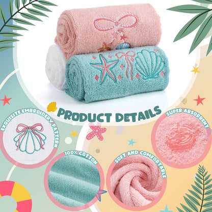 3 Pack Seashell Bow Coastal Hand Towels for Bathroom 100% Cotton Embroidered Beach Bathroom Towels 13.78 x 29.53 Inch Soft Absorbent, Green Pink White