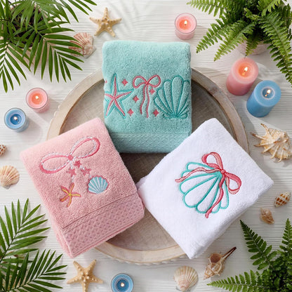 3 Pack Seashell Bow Coastal Hand Towels for Bathroom 100% Cotton Embroidered Beach Bathroom Towels 13.78 x 29.53 Inch Soft Absorbent, Green Pink White