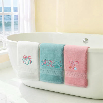 3 Pack Seashell Bow Coastal Hand Towels for Bathroom 100% Cotton Embroidered Beach Bathroom Towels 13.78 x 29.53 Inch Soft Absorbent, Green Pink White