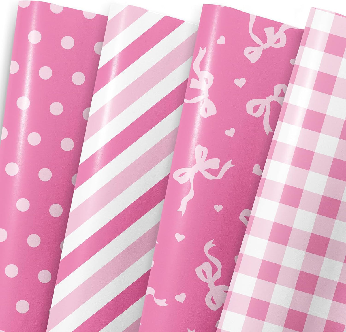 Pink Wrapping Paper Sheet - 8 Sheets Folded Flat Gift Wrap with Cute Bow, Pink Plaid, Stripes and Polka Dot, Gift Paper for Girl Baby Shower, Birthday, Wedding - 20 X 28 Inch Per Sheet