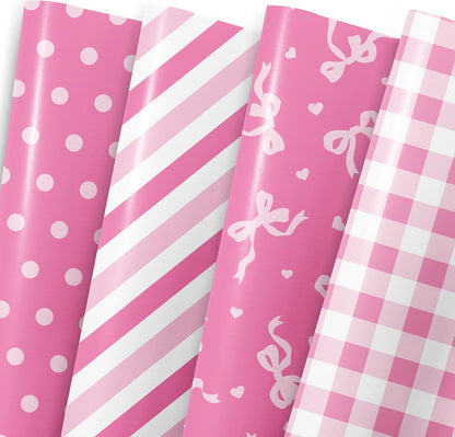 Pink Wrapping Paper Sheet - 8 Sheets Folded Flat Gift Wrap with Cute Bow, Pink Plaid, Stripes and Polka Dot, Gift Paper for Girl Baby Shower, Birthday, Wedding - 20 X 28 Inch Per Sheet